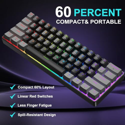 BlueFinger 60% Mechanical Gaming Keyboard and Mouse Combo - RGB Rainbow Backlit 61 Keys Red Switch Keyboard & 4 DPI LED Gaming Mouse, USB Wired Set for PC Laptop Xbox PS4 PS5, White (Gray & Black) - color: Gray & Black