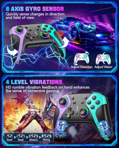 GaloDrmy Wireless Switch Controllers for Nintendo Switch/OLED/Lite/Switch 2 | 1000mAh Rechargeable Switch Pro Controller with 10 Color Light/Hall Effect Joystick/Wake Up/Turbo/Motion Control,Purple&Green - color: Purple & Green