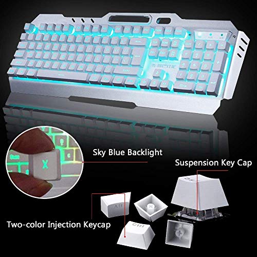 Wireless Keyboard and Mouse, Blue LED Backlit Rechargeable Keyboard with 3800mAh Battery, Metal Panel, Removable Hand Rest Mechanical Feel, 7 Color Gaming Mute Mouse for PC Gamers - color: White Blue