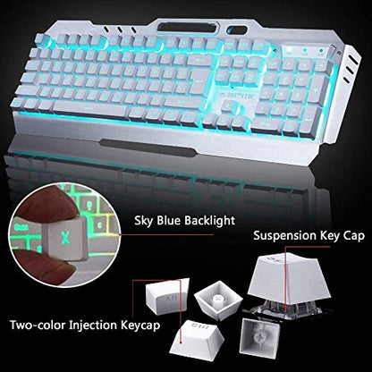 Wireless Keyboard and Mouse, Blue LED Backlit Rechargeable Keyboard with 3800mAh Battery, Metal Panel, Removable Hand Rest Mechanical Feel, 7 Color Gaming Mute Mouse for PC Gamers - color: White Blue