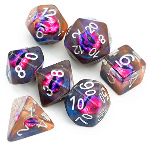 Cusdie 7-Die DND Dice, Polyhedral Dice Set Filled with Eyeball, for Role Playing Game D&D Dice (Orange Eyeball) - color: Orange Eyeball