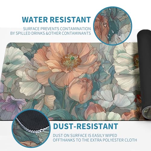 Japanese Floral Mouse Pad Abstract Boho Mouse Pad 31.5x11.8 Inch Aesthetic Flower Texture Non-Slip Rubber Base Large Mousepad Stitched Edges Keyboard Mouse Mat Desk Pad for Office and Home - color: Floral