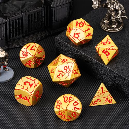 DND Dice Set Metal,Polyhedral D&D Metallic Heterotypic D and D Dice with Cracks for Dungeons and Dragons RPG TTRPG 7-Die Set with Gift Case (Crack, Gold and Red) - color: Gold and Red