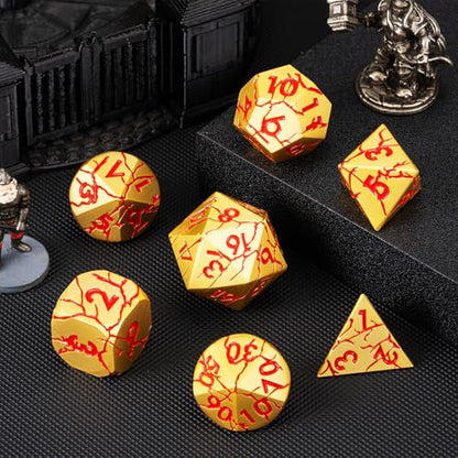 DND Dice Set Metal,Polyhedral D&D Metallic Heterotypic D and D Dice with Cracks for Dungeons and Dragons RPG TTRPG 7-Die Set with Gift Case (Crack, Gold and Red) - color: Gold and Red