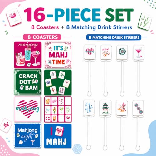 Mahjong Coasters and Drink Stirrers Set, 16-Piece Mahjong Accessories with 8 Square 4-Inch Coasters and 8 Acrylic Cocktail Swizzle Sticks, Gifts for Women and Game Night.