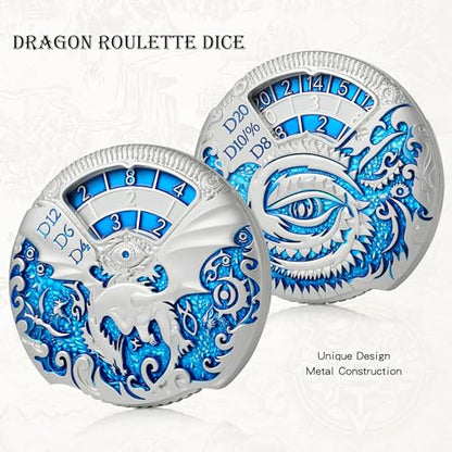 DND Dice DNDND Dragon Roulette Spinner D&D Dice 7-in-1 Spinner Metal DND Dice Set with Luxurious Gift Box for Dungeons and Dragon and Tabletop Game (Silver with Blue) - color: Dragon Silver Blue