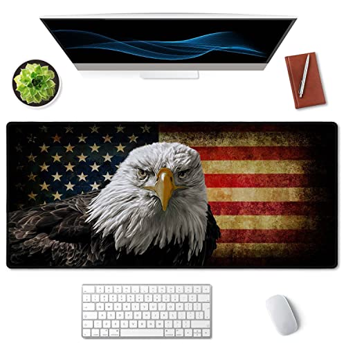 SSOIU Extended Gaming Mouse Pad - Non-Slip Water-Resistant Rubber Base Computer Keyboard Mouse Mat, 35.5x15.7-inch XX-Large Desk Mat, Ideal Partner for Work & Game, American Bald Eagle on Grunge Flag - color: American Bald Eagle