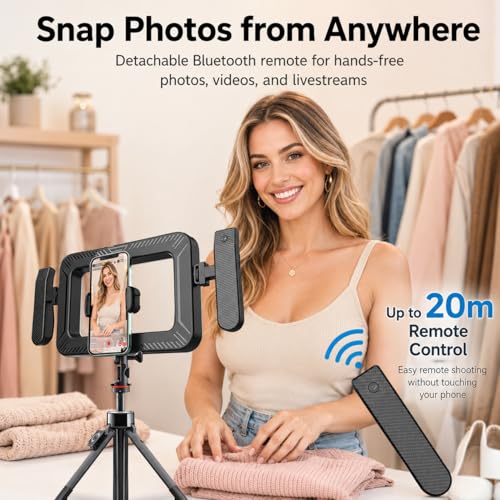 Smartphone LED Ring Light Video Rig Kit with Desktop Tripod Stand, Carrying Bag & Bluetooth Remote, Handheld Phone Stabilizer for Selfies, Makeup, Live Streaming, Vlogging