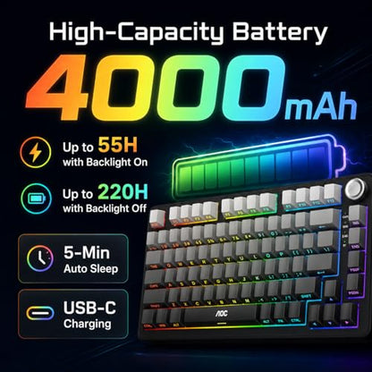 AOC GK330 75% Wireless Mechanical Gaming Keyboard, Hot-Swappable 3-Mode RGB | BT/2.4GHz/USB-C Connectivity, Pre-Lubed Reaper Switches, Anti-Ghosting, Gasket Mount and 5-Layer Sound-Dampening Padding