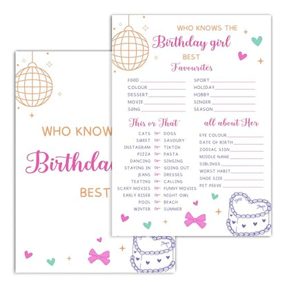 Birthday Party Card Games, Pink Bow Disco Ball Themed Who Knows The Birthday Girl Best Game Cards, Fun Sleepover Party Game For Kids Adults, Fun Girls Night Activities Supplies, 05 - color: Who Knows The Birthday Girl Best