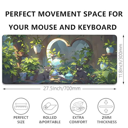 Lofi Cat Mouse Pad Green Plant Desk Pad,Black Cat Extended Gaming Mouse Mat with Stitched Edges Non-Slip Waterproof Rubber Base Mous Mat for Office,Computer,Keyboard,Laptop,Home Desk Pad(27.5X11.8 in) - color: Two Black Cat