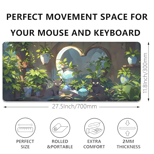 Lofi Cat Mouse Pad Green Plant Desk Pad,Black Cat Extended Gaming Mouse Mat with Stitched Edges Non-Slip Waterproof Rubber Base Mous Mat for Office,Computer,Keyboard,Laptop,Home Desk Pad(27.5X11.8 in) - color: Two Black Cat