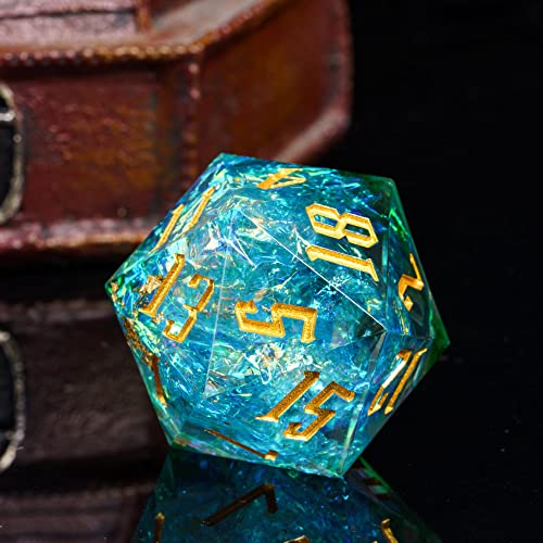 Cusdie Single D20 DND Dice with Sharp Edges and Glitter Foil Inclusions, 20 Sided D&D Dice, 33mm Handcrafted Polyhedral Dice, for Role Playing Game (Aqua) - color: Aqua Blue