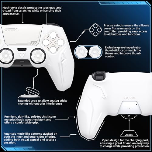 PlayVital Silicone Skin Set for PS5 Controller - Charging Dock Compatible, Full Protection Case with Futuristic CyberMech Design, Soft Cover with Thumb Grips & Stickers - White - color: White