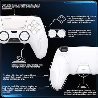 PlayVital Silicone Skin Set for PS5 Controller - Charging Dock Compatible, Full Protection Case with Futuristic CyberMech Design, Soft Cover with Thumb Grips & Stickers - White - color: White