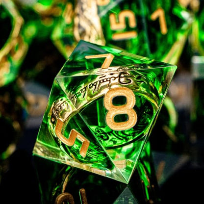 Magic Golden Ring DND Dice with Box, Green Sharp Edge Handmade D and D Polyhedral Dice for use with D&D Tabletop Games RPG, Lord Resin Dice D20 D12 D10 D8 D6 D4 - color: Ring - Green-1