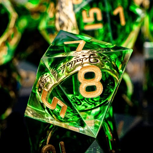 Magic Golden Ring DND Dice with Box, Green Sharp Edge Handmade D and D Polyhedral Dice for use with D&D Tabletop Games RPG, Lord Resin Dice D20 D12 D10 D8 D6 D4 - color: Ring - Green-1