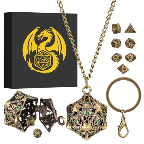 Mini DND Dice Set with Hollow D20 Metal Case Portable Keychain Necklace, Tiny 7pcs Polyhedral D&D Dice Set, DND Gifts with Gift Box, D&D Accessories for RPG（Green Diamond, Bronze） - color: Bronze