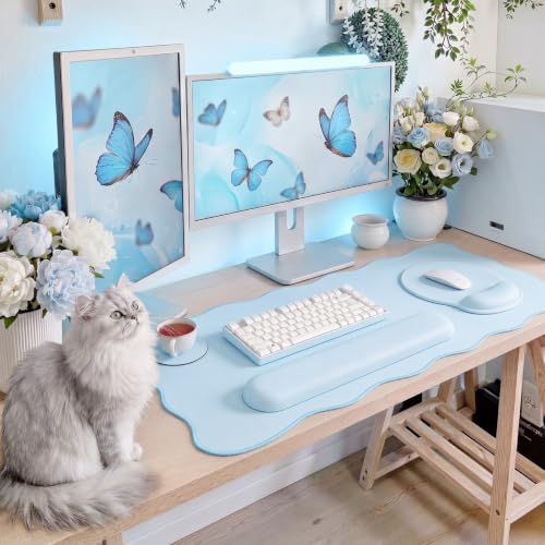 Sabary Scalloped Desk Mat Keyboard Mouse Pad Set 35.5 x 15.7 Inch Blue Preppy Table Mat Keyboard Wrist Rest Cute Aesthetic Mouse Pad with Wrist Rest Coaster Ergonomic Non-Slip Waterproof Gaming Desk - color: Blue, size: 35.5 x 15.7 Inch