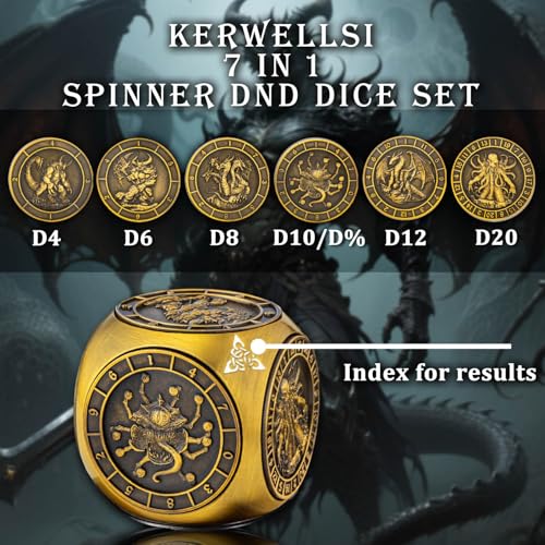KERWELLSI 7 in 1 DND Dice Set D&D, Polyhedral Metal Spinner Dice, 3D Relief D and D Role Playing Dice with Gift Box (Gold) - color: Gold