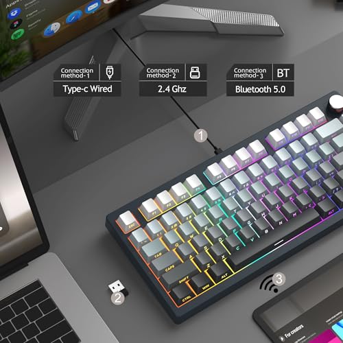 MageGee LIGHT75 Wireless Creamy Keyboard, Tri-Mode Bluetooth/2.4GHz/USB-C RGB Backlit, Gasket Hot Swappable Custom Gaming Keyboard for Win/Mac/PC, with Knob, Side Printed PBT Keycaps, Black - color: Black/Blue Whale Switch