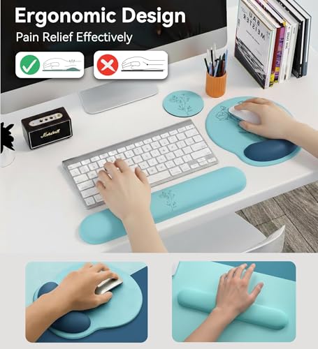 Mouse Pad with Keyboard Wrist Rest,Ergonomic Mouse Pad Wrist Support PU Base with Coaster,Mousepad with Nonslip Base for Computer Laptop Keyboard Home&Office - color: L-Teal Plants
