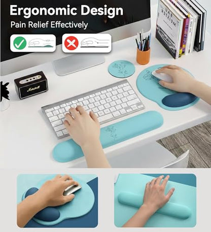 Mouse Pad with Keyboard Wrist Rest,Ergonomic Mouse Pad Wrist Support PU Base with Coaster,Mousepad with Nonslip Base for Computer Laptop Keyboard Home&Office - color: L-Teal Plants