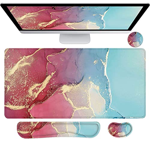 LATEEFAH Large Mouse Pad and Keyboard Wrist Rest, Desk Pad for Keyboard and Mouse, Extended Gaming Mouse Pad with Wrist Support, Waterproof Non-Slip Desk Mouse Mat for Office, Home - color: 4Pcs-Blue & Red Marble