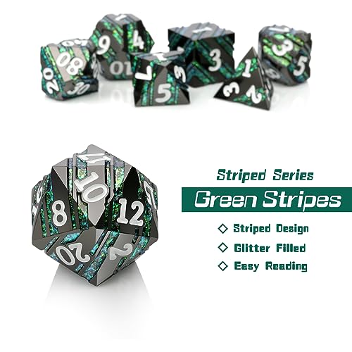 Stripe D&D Dice,DNDND Metallic Glitter Stripes Dice with Gift Metal Box for Dungeons and Dragons Tabletop Game (Green Stripes) - color: Stripe Green and Black