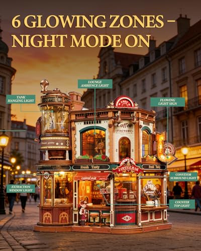 ROKR Moving Dream Coffee Factory DIY Miniature House Kit - 3D Wooden Puzzles for Adults with Music Box & LED Lights, No Glue Kinetic Model Building Kit, Unique Home Decor Gifts for Adults Women Men