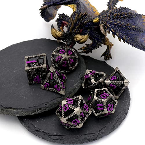 DND Dice Set,3D Octopus Hollow Metal 7-Die,Purple Numbers | copper construction,72g balanced weight,engraved numbers,gift box and velvet bag for DND RPG play - color: Cthulhu Purple Number