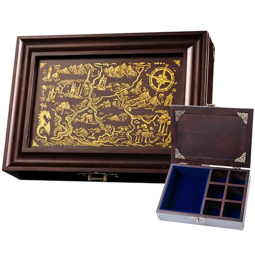 Vintage Dice Tray & Rolling Box for DnD - With Adjustable Dividers | Antique-Style Storage Vault, Adjustable Dividers for Dice, Minis & Tokens, Solid Pine, Tabletop RPG Gift for D&D Players - color: Ancient Map Blue Velvet