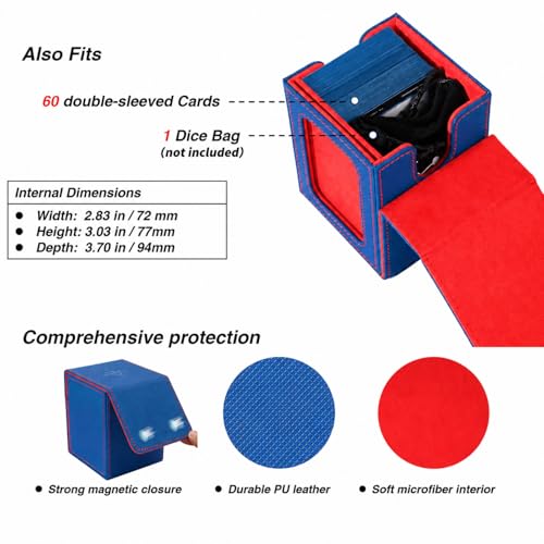 MTG Deck Box with Commander Display Window (Blue&Red, 1 window) | Holds 120 Single/100 Double-Sleeved Cards, Fit MTG/PTCG/OPTCG Cards, Strong Magnet, PU Leather, With 2 Dividers & 1 Toploader - color: Blue and Red