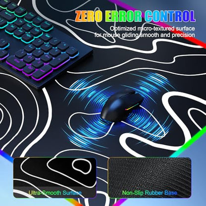 RGB Mouse Pad with Foldable Phone Stand Wireless Charger, 31.5"x11.8" XL Gaming Mousepad Large Desk Mat, Desk Pad with 11 Colors 5 Modes, Waterproof - color: Black Touch Control Stand XL Topographic