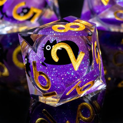 Roycevon Resin DND Dice Set with Gift Box, 7Pcs Liquid Core Cat D&D Dice, Cute Dungeons Dragons D and D Dice, Sharp Edge Role Playing Game Dice D20 D12 D10 D8 D6 D4, Purple - color: Purple