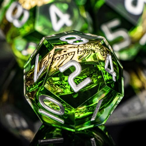 Magic Golden Ring DND Dice Set with Case, Green Resin Sharp Edge D and D Dice for use with D&D Tabletop Games Lord Handmade Polyhedral Dice Set D20 D12 D10 D8 D6 D4 - color: Ring - Green-2