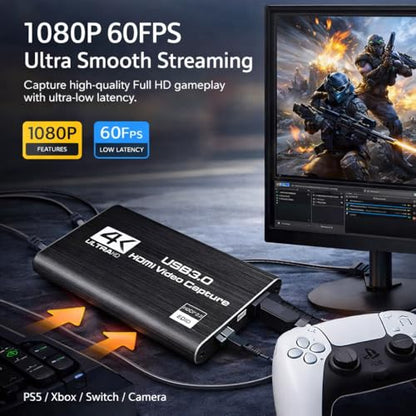 TOAKA USB 3.0 HDMI Capture Card 1080P 60FPS, Video Capture Card for Streaming Gaming, Compatible with PS5 PS4 Xbox Switch Camera PC