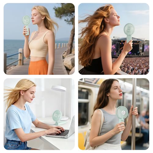 HandFan Upgraded 10,000 mAh Quiet Handheld Fan - 4.5 Inch Large Hand Held Fans Reahargeable, 180° Foldable Portable Fan [30 Working Hours] with Lanyard, Base for Disney/Travel/Concerts/Beach/Office - color: Clear‑Blade Sage Green