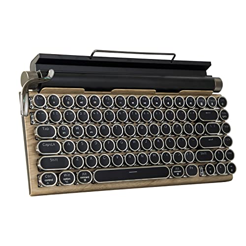Adventurers Typewriter-Style Retro Mechanical Keyboard LED Backlight 83 Keys Bluetooth 5.0 Blue Axis Wood Color Panel Compatible with iOS/Android/Windows/Vista/Linux/Mac Office/Gaming, 12.8x6.6x1.6in - color: Wood color with white backlight