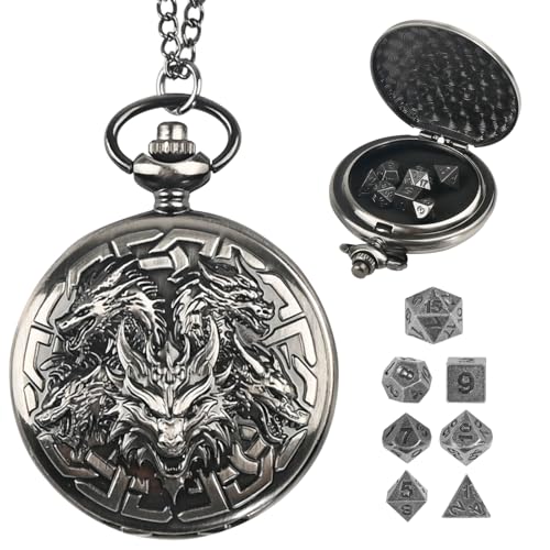 D&D Dice Set,7PCS Metal Dice for Dungeons and Dragons,Mini Dice Set with Pocket Watch Case,Role Playing Board Games Accessories (Dragon, Ancient Silver) - color: Ancient Silver, style: Dragon