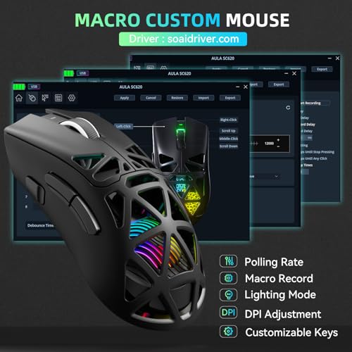 Aula SC620 Wireless Gaming Mouse, Tri-Mode 2.4GHz/USB-C/BT5.3 Computer Mouse with 12000 DPI, Programmable Macro Gamer Mouse with Rapid Fire Key, RGB Light Gaming Mice for PC/Laptop/Mac(Black) - color: Black