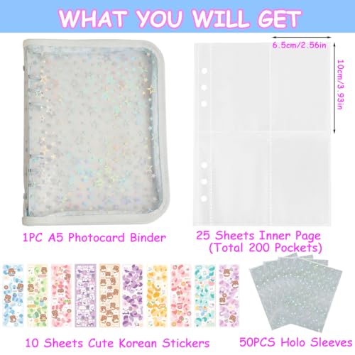 Kpop Photocard Binder A5 Kpop Photocard Holder Book with 50pc Holographic Photocard Sleeves&10 Korean Stickers, 6 Ring A5 Binder Photocard Album 25 Inner Pages with 200 Pockets - color: Lightblue
