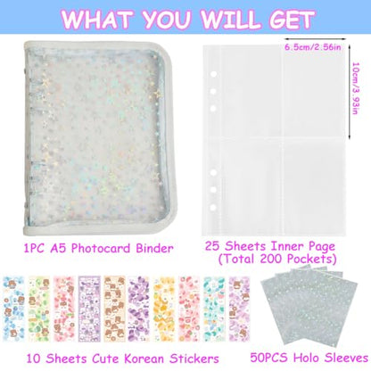 Kpop Photocard Binder A5 Kpop Photocard Holder Book with 50pc Holographic Photocard Sleeves&10 Korean Stickers, 6 Ring A5 Binder Photocard Album 25 Inner Pages with 200 Pockets - color: Lightblue