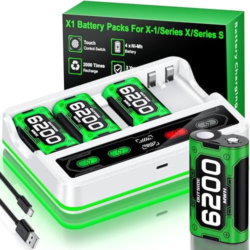 Upgraded Fast Charging Rechargeable Battery Pack for Xbox -4x6200mWh Batteries with Light Control &Charger Dock -Compatible with Xbox Series X|S,One S/X,Elite Controllers, Charger Sets, White