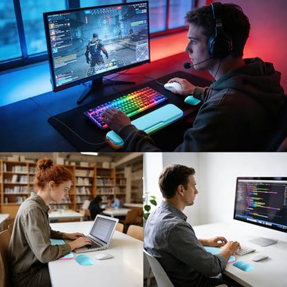 2-in-1 온열 손목 받침대 세트, RGB 조명 및 미끄럼 방지 베이스가 있는 인체 공학적 메모리 손목 패드, 컴퓨터 노트북, 사무실 작업 및 PC 게임용 키보드 마우스 손목 받침대 - color: 블루.
