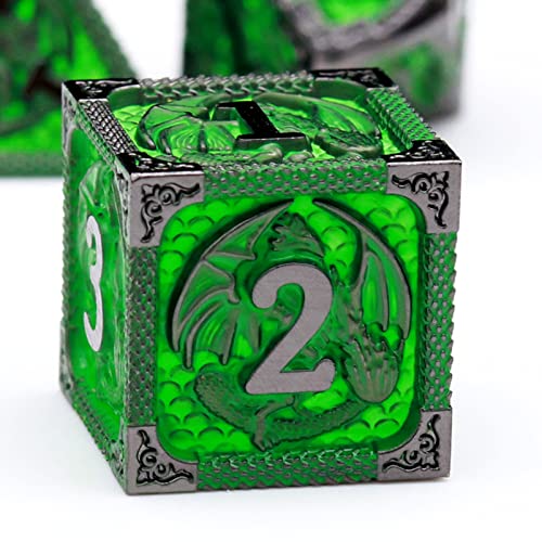 Haxtec Metal Dice Set Green Black Dragon Pattern Metal DND Dice with Leather Dice Bag Polyhedral D&D Dice Compatible with Dungeons and Dragons TTRPG Gifts - color: Black Matt Green