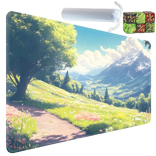 Playmat for MTG, 24x14 Inches, for TCG and CCG Trading Card Game Mat, Non-Slip Rubber for MTG Playmats with Storage Bag and 6 Dice Set, Valley Path with Flowers - color: Yux-playmats-2-1A-183
