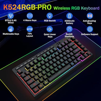 Redragon Wireless Gaming Keyboard, Bluetooth/2.4GHz/USB-C Wired, RGB Backlit, Portable 75% Mini Quiet Macro Membrane Keyboard, Rechargeable 4000mAh Battery, Anti-Ghosting for Win/MAC - color: Black