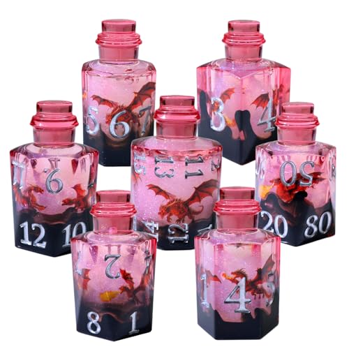 XENOLUX Potion Bottle DND Dice Set with Flying Dragon, Sharp Edge Resin Polyhedral Dice for Dungeons and Dragons Tabletop Games, Smoky Liquid Effect 7-Piece Set with Storage Tin - BOT4 - color: Bot4