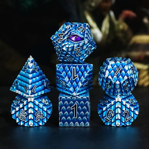 Metal Dice Set D&D,7 PCS Dragon Scale Metallic DND Dice Set,Dragon Eye Metal Dice with Grogeous Gift Case for Dungeons and Dragon Tabletop Game (Blue Dragon Scale & Purple Eye) - color: Blue Dragon Scale & Purple Eye